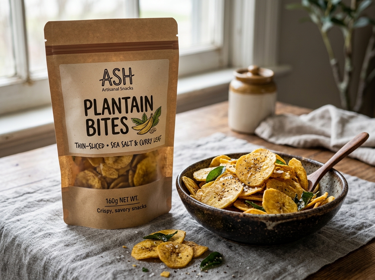 Ash plantain bites in stand-up zipper pouches